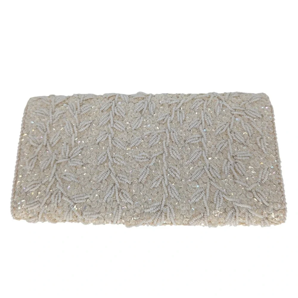 VTG Clutch Bag OS Cream Beaded Sequin Floral Leaf Evening Cocktail Bridal Retro